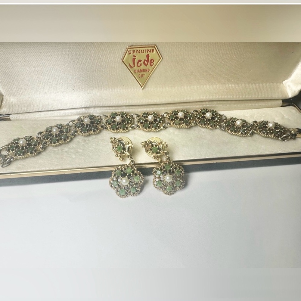 Vintage 1960s Goldette Genuine Jade & Pearl Filigree Bracelet & Earrings Set